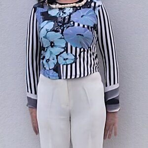 Just Cavalli, Long sleeve top. Black and White stripes and blue flowers